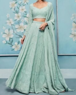 Dusty Mint Green Thread Embroidered Lehenga