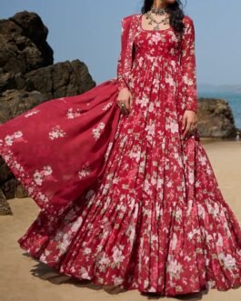 Deep Red Floral Printed Anarkali