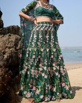 Bottle Green Floral Printed Crop Sharara Set