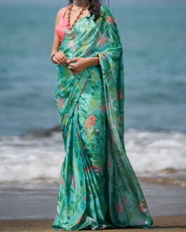 Sea Green and Pink Floral Printed Saree