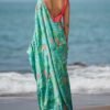 Sea Green and Pink Floral Printed Saree - Image 4