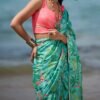 Sea Green and Pink Floral Printed Saree - Image 2