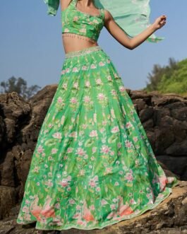 Green Floral Printed Lehenga