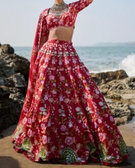 Deep Red Floral Printed Lehenga