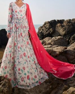 Off White Floral Printed Anarkali