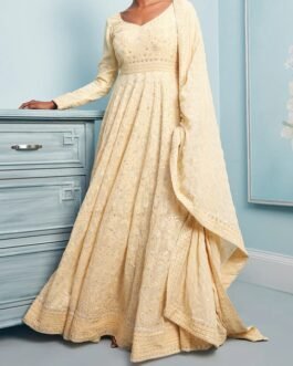 Soft Yellow Thread Embroidered Anarkali