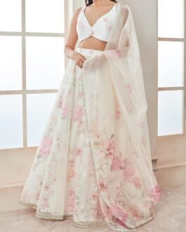 Off White and Pink Floral Printed Lehenga