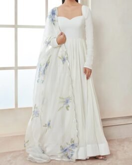 White Georgette Anarkali With Floral Printed Dupatta