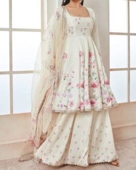 Off White Satin Floral Sharara Suit