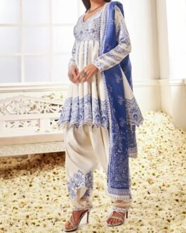 White and Blue Floral Printed Peplum Style Patiala Suit