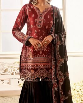 Deep Rust and Black Floral Printed Gharara Suit