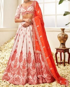 Orange and White Floral Printed Lehenga