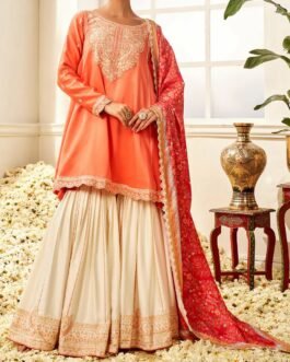 Coral and White Floral Printed Gharara Suit