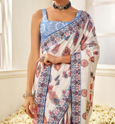 White Multicolor Floral Printed Saree