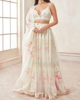 Off White Floral Printed Satin Lehenga