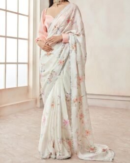 Peach and Off White Satin Georgette Saree