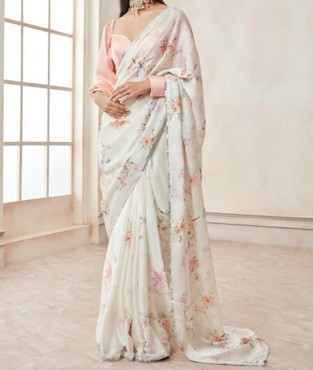 Peach and Off White Satin Georgette Saree