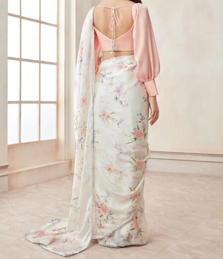 Peach and Off White Satin Georgette Saree - Image 4