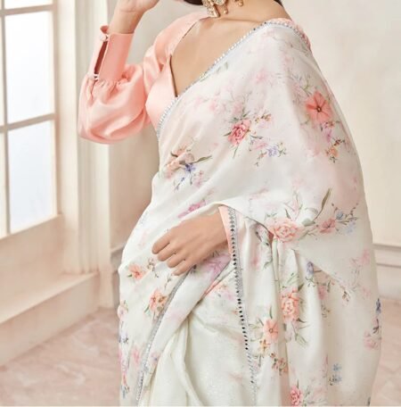 Peach and Off White Satin Georgette Saree - Image 3