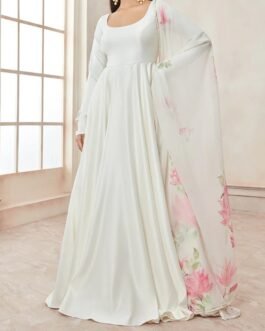 Off White Satin Anarkali With Floral Printed Dupatta