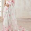 White and Hot Pink Floral Organza Saree