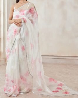 White and Hot Pink Floral Organza Saree