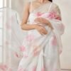 White and Hot Pink Floral Organza Saree - Image 2