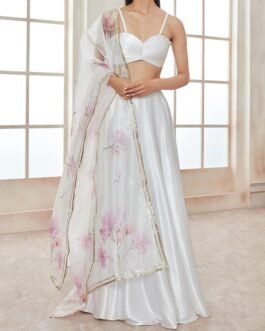 White Satin Lehenga With Floral Dupatta