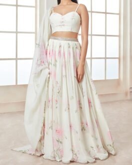 Off White and Pink Printed Georgette Lehenga