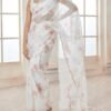 White and Pink Floral Tabby Silk Saree - Image 2