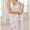 White and Pink Floral Tabby Silk Saree - Image 3