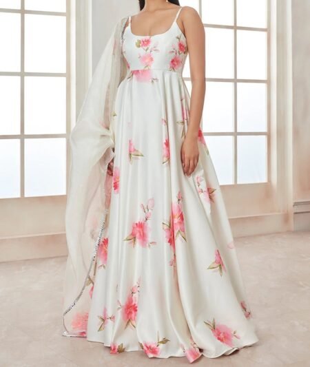Off White and Pink Floral Anarkali