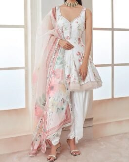 White Floral Printed Satin Punjabi Suit