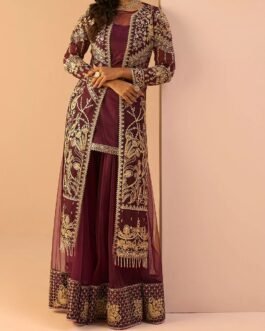 Wine Embroidered Sharara Suit