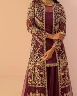 Wine Embroidered Sharara Suit