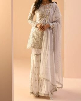 Dusty Blue and White Embroidered Gharara Suit