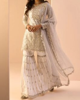 Dusty Blue and White Embroidered Gharara Suit