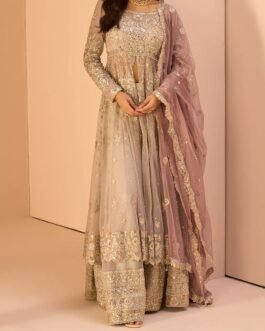 Grey Embroidered Anarkali Style Sharara