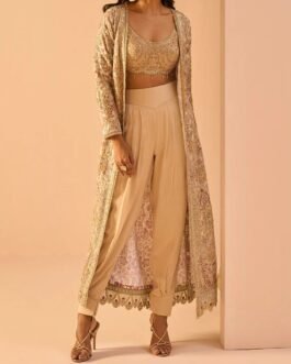 Golden Beige Embroidered Crop Jacket Set