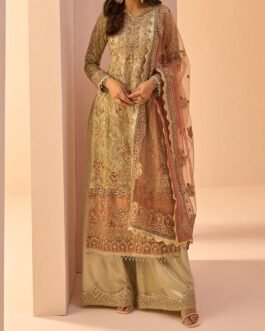 Golden Beige Embroidered Anarkali Style Lehenga