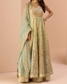 Green and Light Blue Embroidered Anarkali Style Sharara