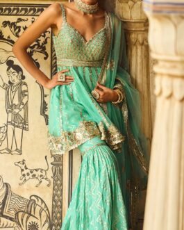 Mint Green Embroidered Peplum Style Gharara