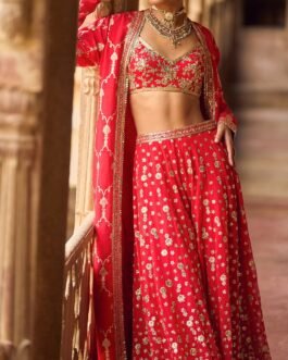 Red and Gold Embroidered Pant Set With Jacket