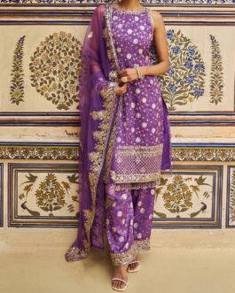 Purple and Gold Hand Embroidered Palazzo Suit