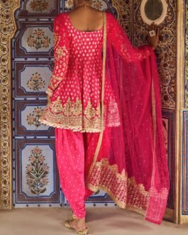 Hot Pink Embroidered Dhoti Style Punjabi Suit