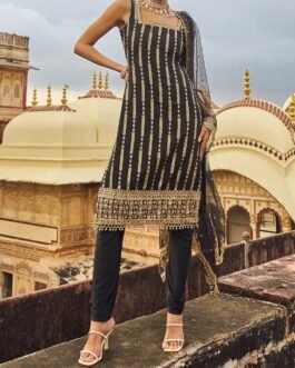 Black and Gold Hand Embroidered Straight Suit