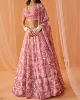 Dusty Pink White Floral Printed Lehenga