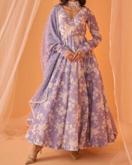 Dusty Periwinkle White Floral Printed Anarkali