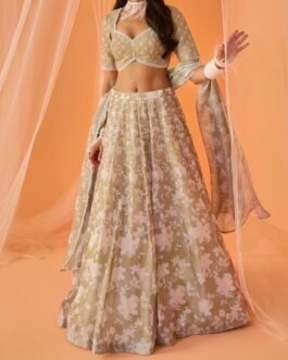 Light Olive White Floral Printed Lehenga