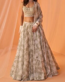 Light Sage White Floral Printed Lehenga